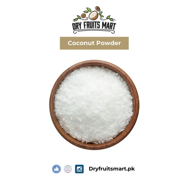 Coconut powder in a bowl with fresh coconuts, perfect for baking, cooking, and smoothies in Pakistan.