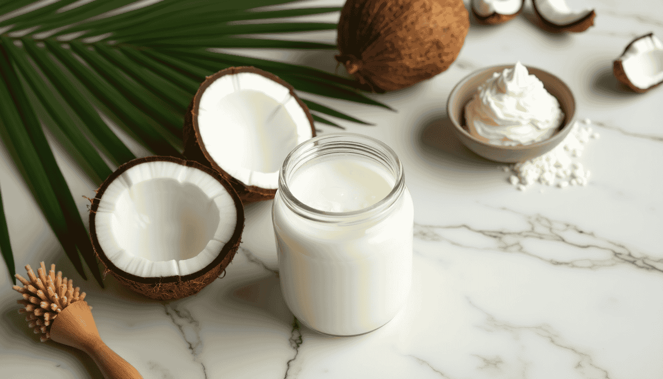 Coconut oil used in cooking, beauty, and household applications.