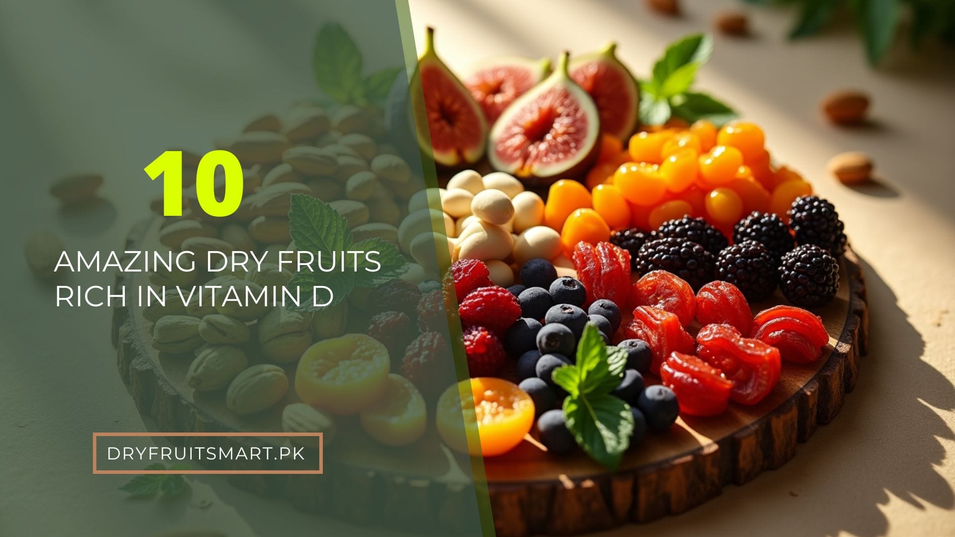 A selection of dry fruits rich in vitamin D including almonds, walnuts, and dried apricots.