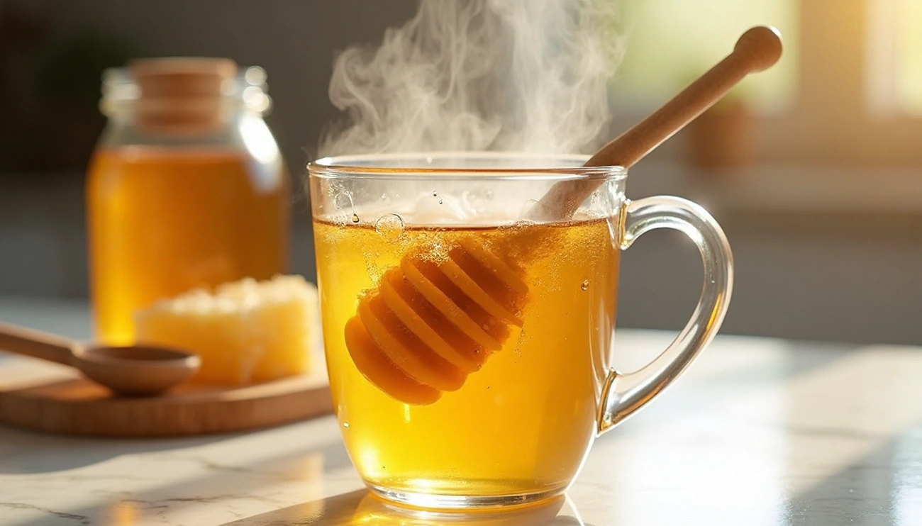 honey with warm water benefits in a glass on a wooden table