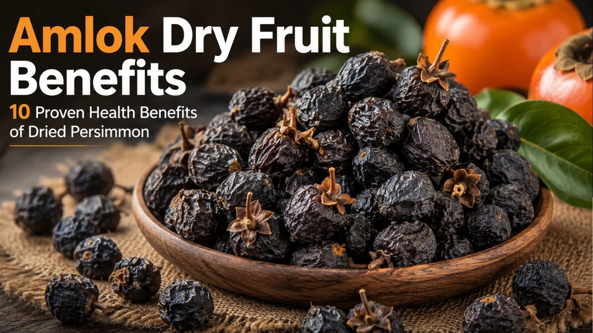 Amlok dry fruit benefits — black dried persimmon Pakistani winter dry fruit heap with nutritional highlights