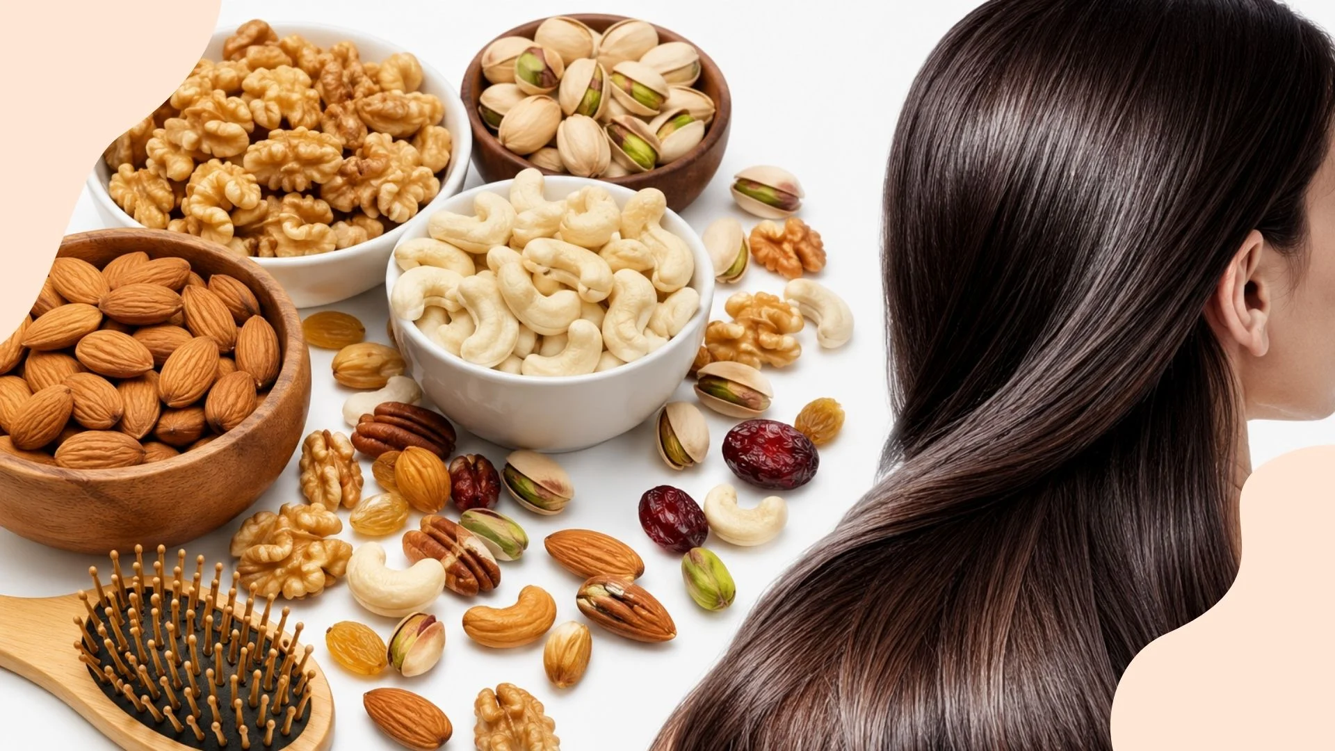 Best dry fruits for hair growth 2026 — almonds walnuts cashews dates raisins pistachios figs apricots prunes brazil nuts arranged together