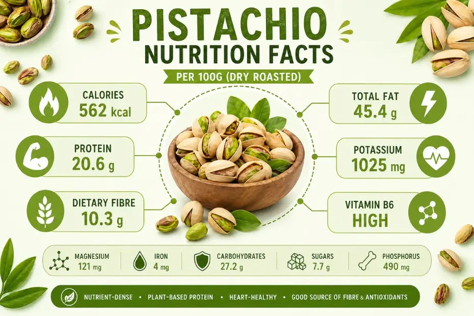 Green pistachio nuts showing their nutrition and health benefits